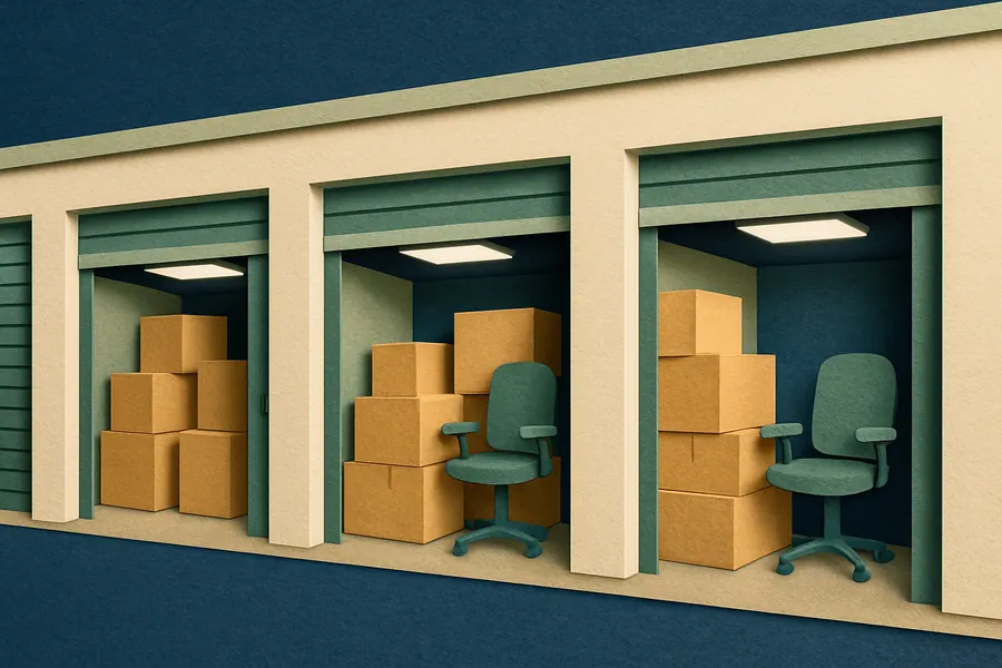 Self-storage units in Mumbai showing cardboard boxes and office chairs for business storage.