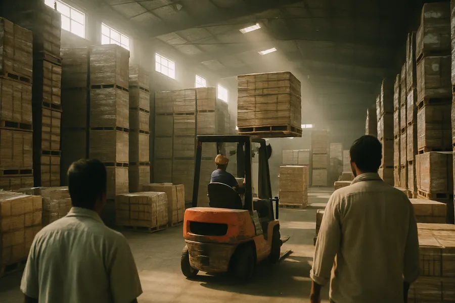 Mumbai warehouse with pallets and forklifts, sunlight illuminating the space, showcasing storage logistics.