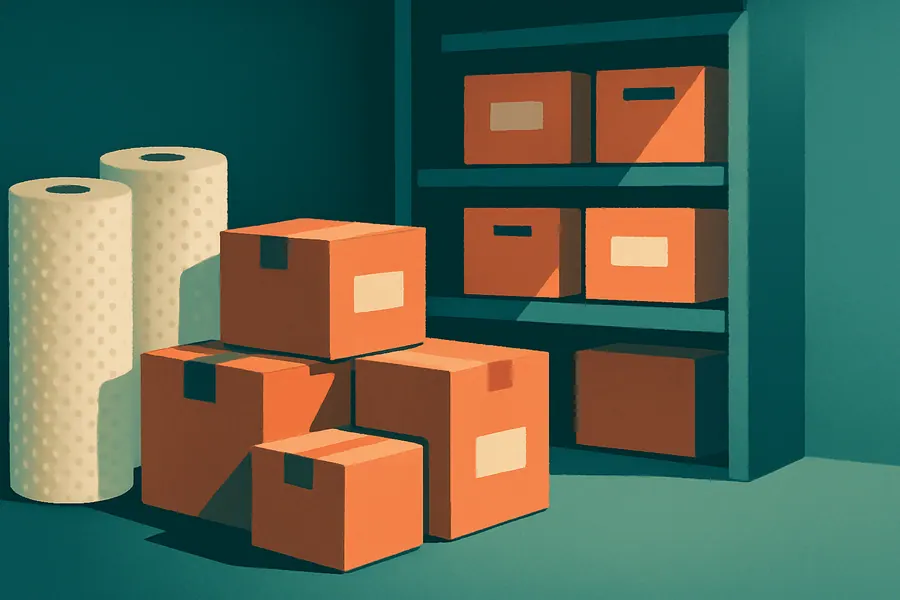 Stacked boxes and bubble wrap in a storage room illustrating household storage in Mumbai.