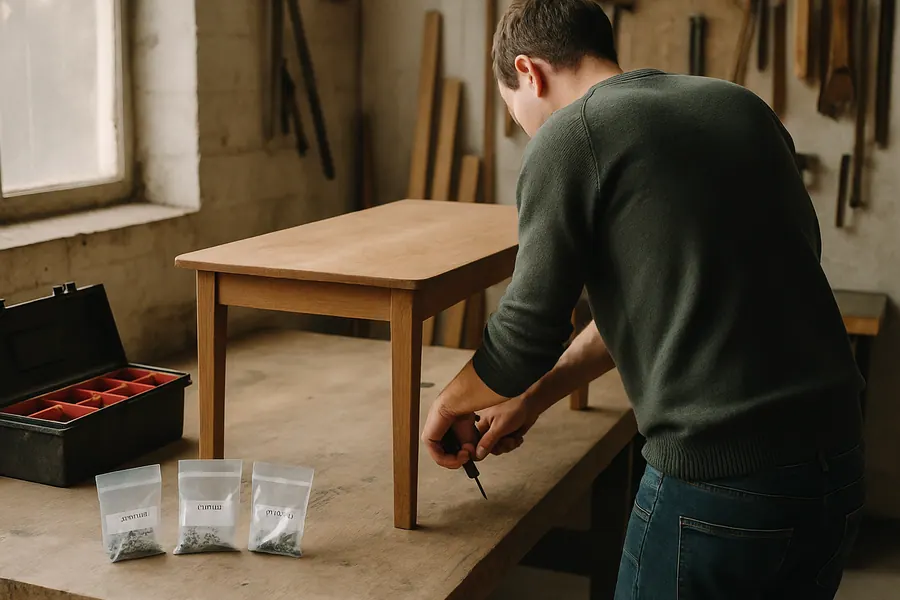 Preparing furniture for storage in Mumbai with table disassembly and labeled parts.