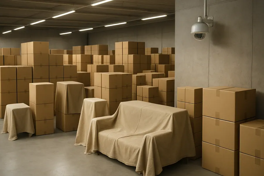 Furniture storage solutions in Mumbai showing boxes and furniture in a storage facility.