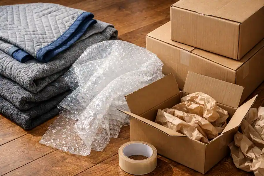 Packing materials for furniture storage including bubble wrap, packing blankets, and boxes.