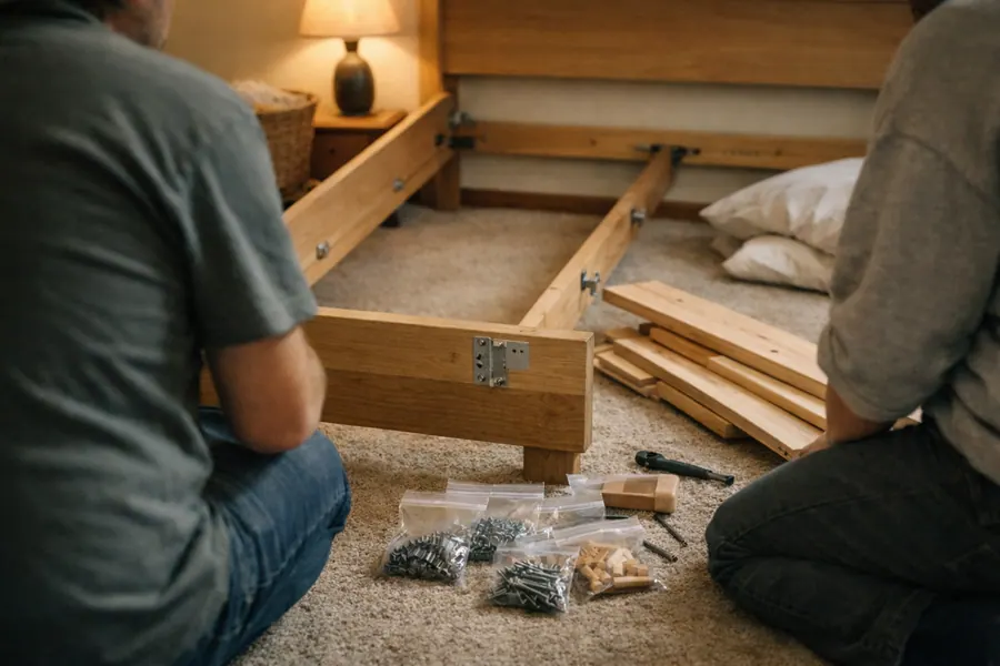Disassembled bed frame with labeled bags for furniture storage.