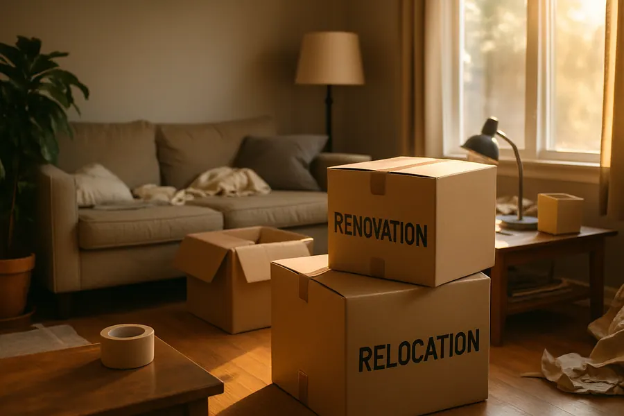 Boxes labeled for renovation and relocation in a Mumbai living room, highlighting short-term storage use.