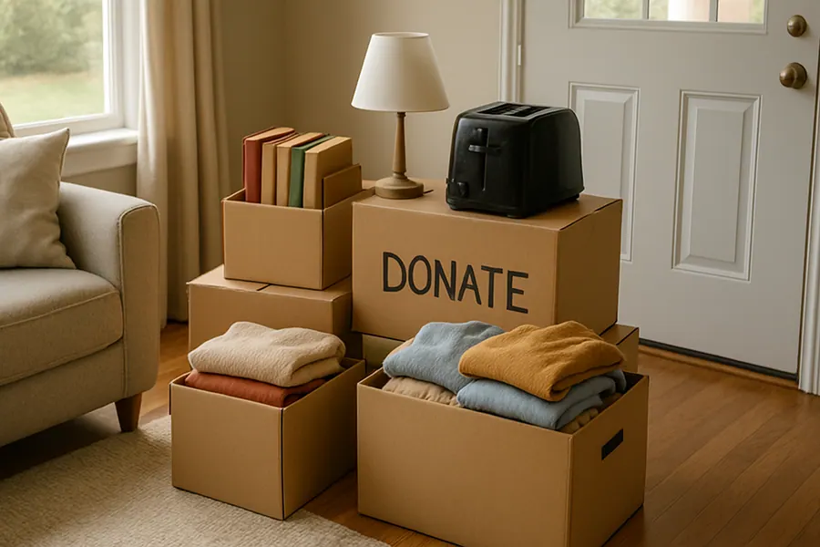 Living room with boxes of items to donate for home relocation.