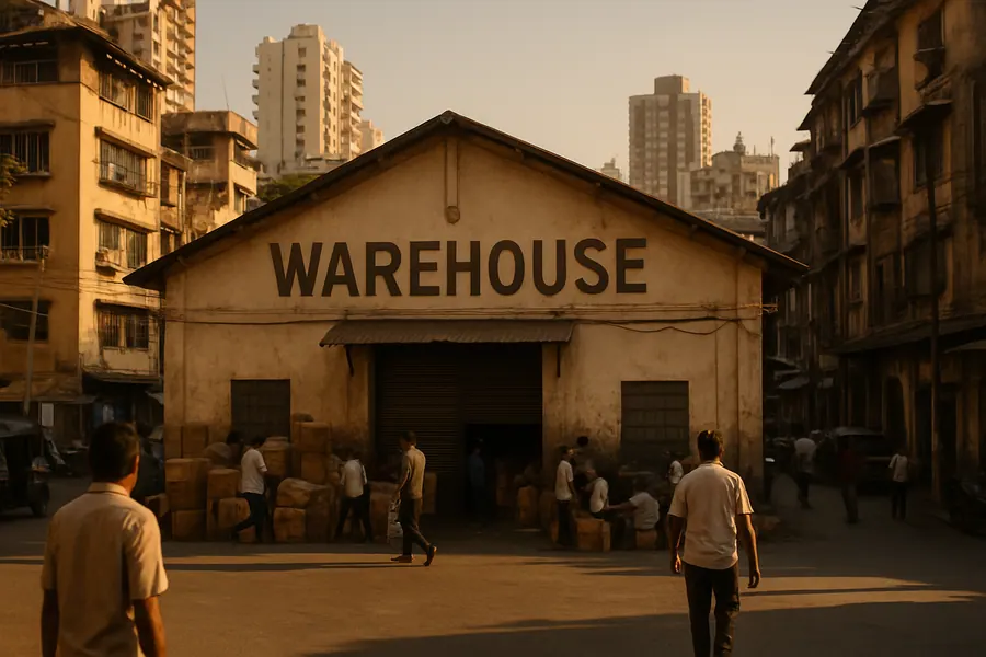 Exterior view of a warehouse in Mumbai with surrounding city buildings.